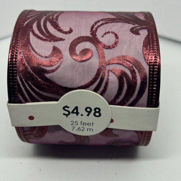 New 2.5" x 25' Sheer Wired Ribbon Maroon Wine Burgundy With Metallic Pattern - Picture 2 of 3
